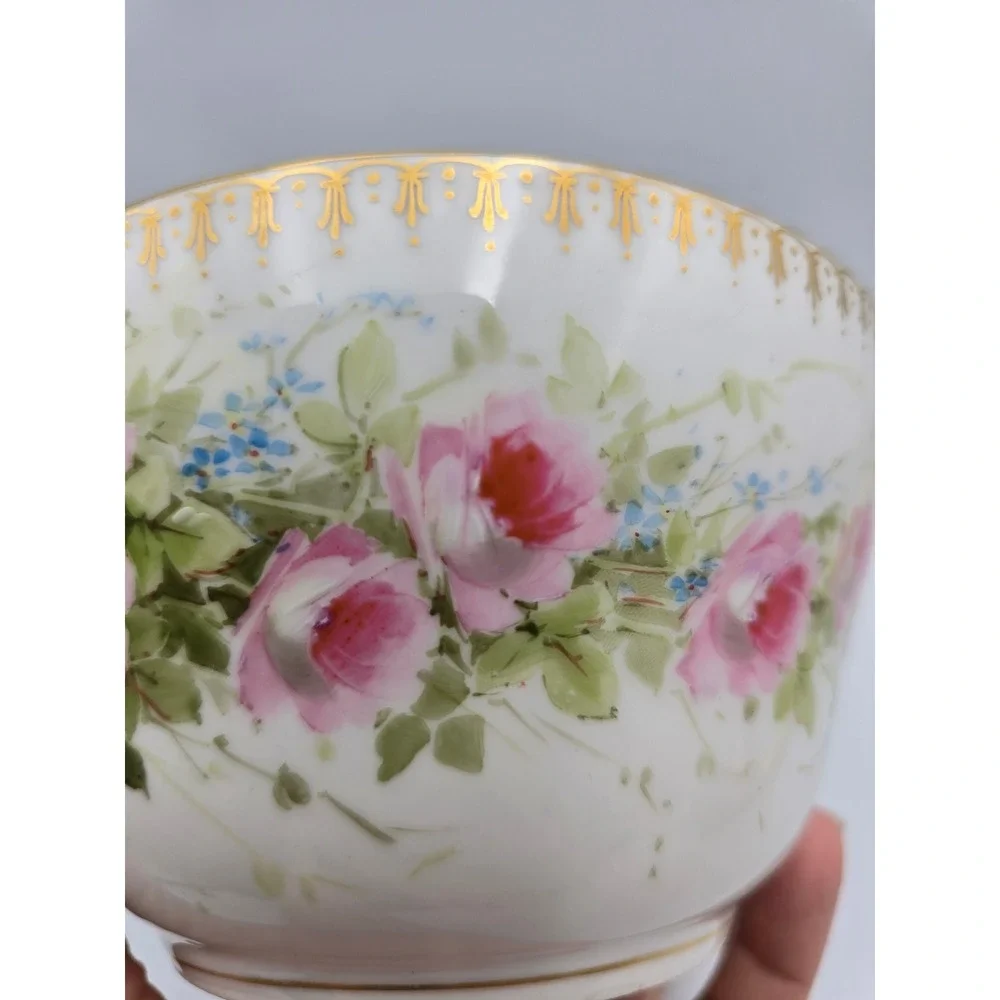 Antique Hand Painted Porcelain Bowl 1896 Pink Roses‎ Gold Gilt Victorian - Picture 11 of 12
